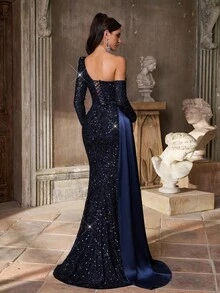 Aureia 优雅、浪漫、海军蓝、亮片面料、缎面拼布、褶饰、不对称肩部、长袖、鱼尾下摆、时尚、网红、节日、度假、生日派对、婚礼活动、正式晚宴礼服 - 藏蓝色 - 查看 4