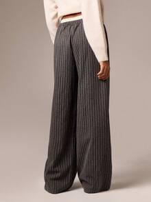 AiiRZ Wide Leg Pinstripe Double Waistband Palazzo Pants Contemporary Office Wear Business Casual Long Trousers Elegant Winter Fashion - Multicolor - View 2