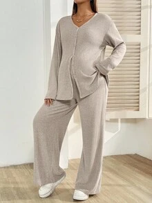 SHEIN 2件套孕妇休闲纯色纽扣前上衣和裤子套装，秋季