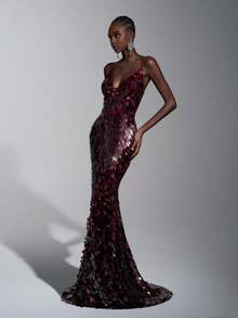 Elitara 时尚、性感、前卫、网眼、闪亮、栗色、亮片面料、细肩带紧身胸衣、镂空、露背、加厚罩杯、鱼尾下摆连衣裙、适合夜店、派对、度假、鸡尾酒会 - 紅色 - 查看 8