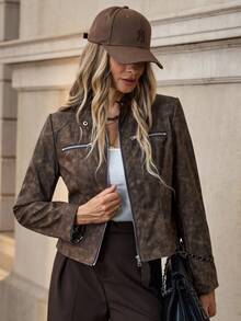 Solivie Áo khoác lửng cổ điển thời trang dành cho nữ mùa thu/đông - màu nâu - Xem 3