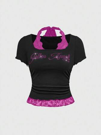 Grunge Punk T-shirt aderente da donna con scollo a ciurlo, con applicazioni di strass e patch in pizzo, in stile punk