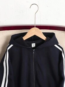 SHEIN Tween Girl Solid Color Knit Patchwork Ribbon Trim Hooded Cardigan And Wide Leg Pants Casual Outfit - Navy Blue - View 4