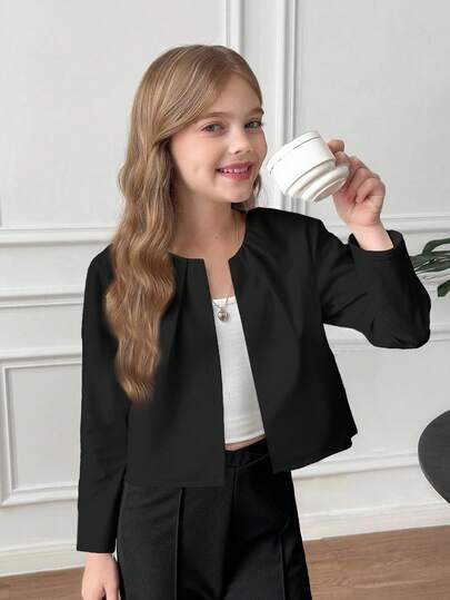 SHEIN Tween Girl Casual Everyday Versatile Solid Color Pleated Round Neck Cropped 3/4 Sleeve Cardigan Jacket, Back To School Autumn Winter Clothes For Women, Girls Blazer Set, Kids Blazers Suit Girls, Tween Business Clothes, Toddler Girl Black Blazer, Little Girls Business Suit
