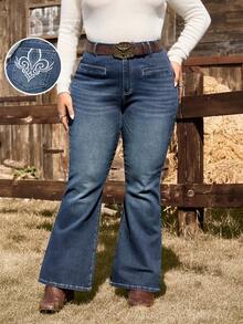 EMERY ROSE 秋冬大码女式复古刺绣牛仔裤 - 深色水洗藍 - 查看 3