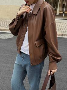 SHEIN K-Vae 女士秋冬棕色翻领老款PU夹克，防风保暖冬季夹克，机车夹克，新年夹克 - 棕色 - 查看 5