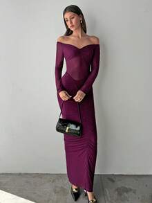 Aloruh 女士新款露肩长袖紫色加长连衣裙，秋冬 - 中紫紅色 - 查看 2