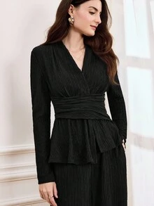 Miaspire Women's Solid Color Long Sleeve Ruched Waist Top And Wide Leg Pants Elegant 2 Pieces Set - Black - View 2