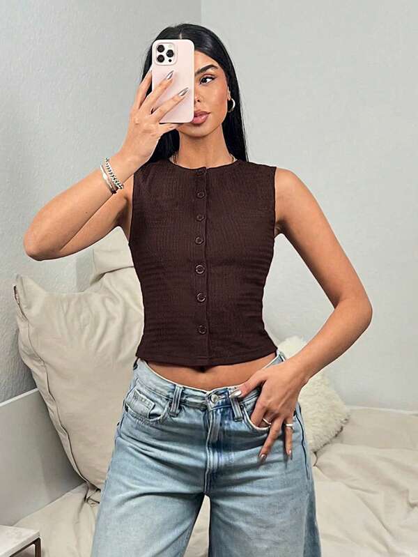 SHEIN EZwear Top corto de verano de mujer con botones delanteros, de unicolor, informal