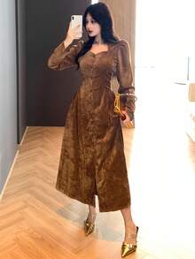 DAZY Women's Elegant Vintage Front Button Waist Cinched Dress Prom Dress - Brown - View 6