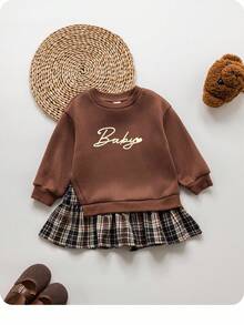 SHEIN Baby Girl Cute Color Block Long Sleeve Dress,Autumn Winter Brown Plaid Outfit For Graduation,Back-To-School Season Toddler Mocha Clothes Set - Multicolor - View 1
