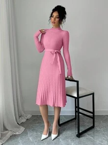 Elenzga Vestido de punto con cuello y cinturón de unicolor elegante para ir al trabajo - Rosa - Ver 3