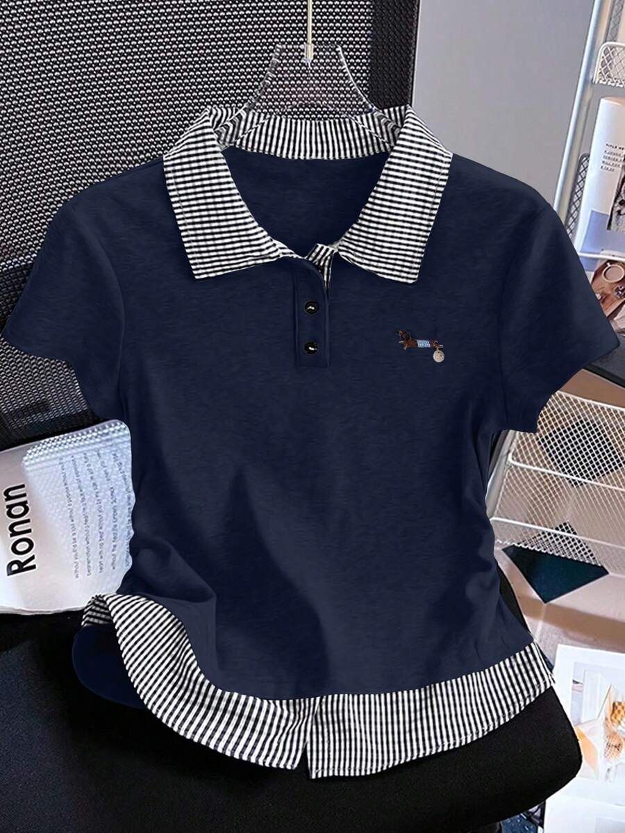 Resyla Casual Plaid Patchwork Short Sleeve T-Shirt For Women - Navy Blue - View 1