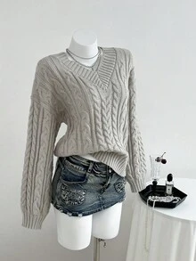 Elamini Women's Apricot V-Neck Lantern Sleeve Twist Rope Cable Knit Sweater Top, Fashionable For Autumn/Winter - Apricot - View 5