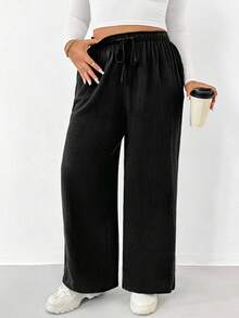 Shapeblank Pantalones casuales anchos de pierna ancha de algodón arrugado con cintura con cordón para mujeres de talla grande con forma de manzana, adecuados para vacaciones de invierno, pantalones negros, atuendos de aeropuerto, atuendo casual, pantalones de invierno para mujeres, atuendos de invierno para mujeres - Negro - Ver 6