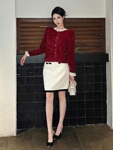 DAZY Damen elegante Kontrast-Farbige Pailletten Patchwork Bluse, Herbst Weihnachten Langarm Top Karneval - Bordeaux - Übersicht 6
