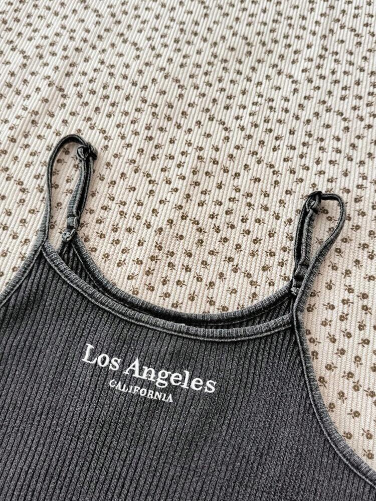 SHEIN Conjunto de 2 piezas para adolescentes: Body de punto bordado y pantalones de estilo vintage lavados con ácido, estilos cómodos para primavera/verano y otoño/invierno, adecuados para uso diario, estilo callejero, celebraciones, otoño e invierno, capas de estilo para niñas - Negro - Añade 4