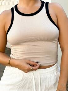 NegzBox Áo crop top bó màu tương phản mùa hè màu mơ và đen - Màu be - Xem 3