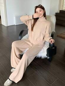 SHEIN Teen Girl Contrast Color Stand Collar Long Sleeve Sweater & Drawstring Sweatpants Casual Knit Set,Peach,Autumn,Casual Elegant,Junior,Work,Soft Top - Multicolor - View 3