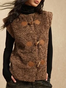 Easelle 大码女式按扣前仿皮草衬里背心，休闲西式保暖夹克 - 棕色 - 查看 7