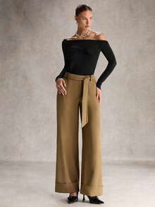 SHEIN Unity 优雅休闲度假卡其色高腰直筒裤，秋冬女士 - 卡其色 - 查看 5