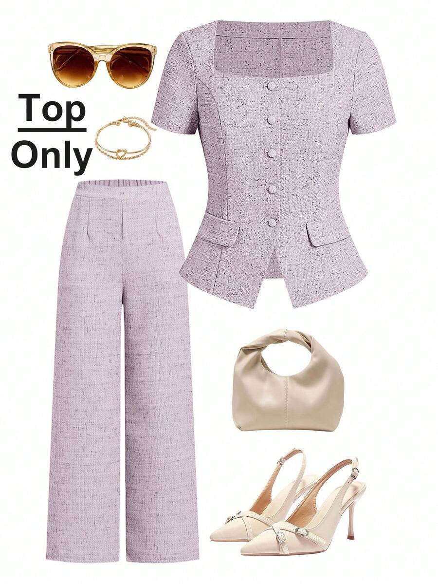 Gownix Elegant Commuter Square Neck Short Sleeve Blouse, Summer - Mauve Purple - View 1