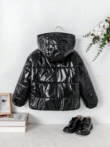 SHEIN Young Girls Fashionable Hooded Short High Waist Quilted Padded Coat, Reflective Material, Autumn/Winter Young Girls Black Puffer Jacket For Casual Outdoor - Black - View 2