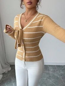 SHEIN Elenzya Gestreifter Schleifen-Cardigan für Frauen - Khaki - Übersicht 4