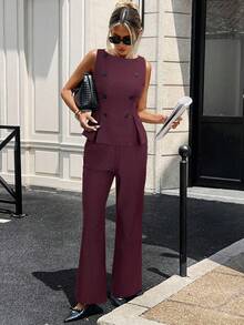 Siren Gaze 女士休闲通勤纯色背心和裤子两件套 - 酒紅色 - 查看 2