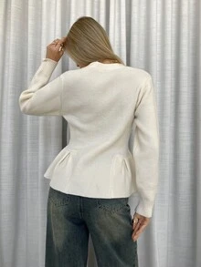 Siren Gaze 女式纯色 V 领长袖落肩优雅褶饰荷叶边开衫 - 米色 - 查看 2