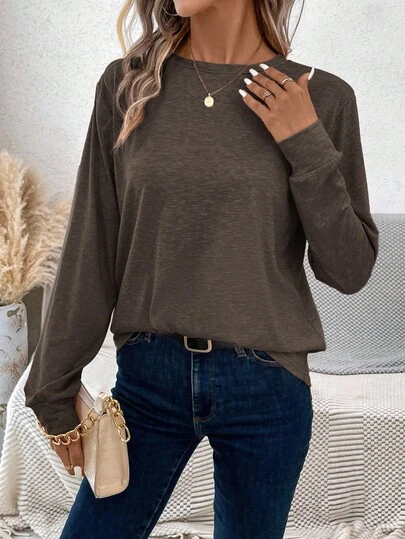 SHEIN LUNE Women's Loose Fit Crew Neck Long Sleeve Casual T-Shirt Women Long Sleeve Tops Coffee Brown Top Brown Long Sleeve Top Dark Brown Top Chocolate Brown Top,Fall,Fall Clothes For Women