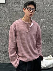 DAZY 男士纹理面料圆领半开襟T恤，粉色，秋季 - 粉色 - 查看 4