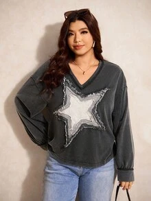 Elaquor Áo thun tay dài đính sao thời trang cỡ lớn, mùa thu - Xám - Xem 5