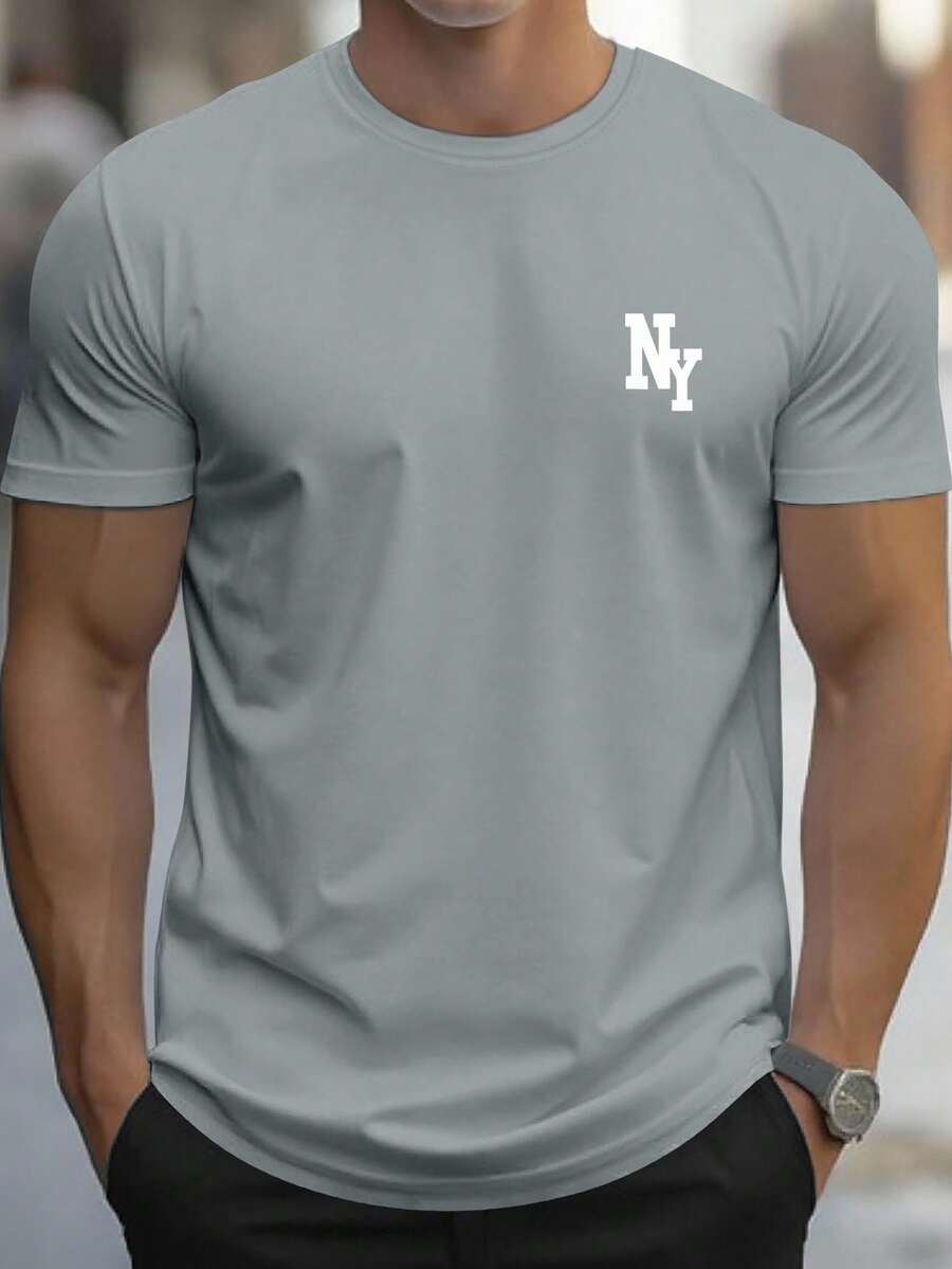 Manfinity Homme 男士字母印花灰色圆领休闲短袖T恤 - 灰色 - 查看 1