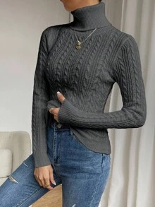 EMERY ROSE Women's Casual Turtleneck Twist Pattern Long Sleeve Sweater, Autumn/Winter - Dark Grey - View 7