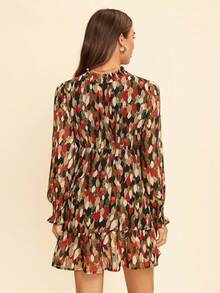 Coeurva 满版印花荷叶边袖荷叶边下摆褶皱领褶裥连衣裙 - 綠色 - 查看 2