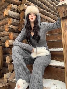 DAZY 秋冬休闲修身针织开衫和直筒裤套装，新年和圣诞节时尚连帽毛衣，纹理针织运动紧身裤，女士两件套毛衣套装 - 灰色 - 查看 8