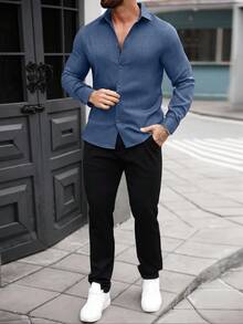 Manfinity CasualCool 男士休閒商務純色長袖襯衫，正式款 - 霧霾藍 - 查看 5