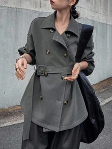FRIFUL 女士纯色翻领纽扣收腰修身袖口休闲风衣外套，秋季百搭常规版型女式大衣 - 灰色 - 查看 5