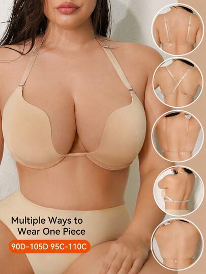 NudeFit Plus Size Women Comfortable Seamless High Support Transparent Strap Bra, Lift