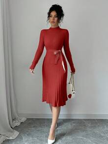Rafferiza Elegant Solid Color Collared Knit Dress For Commuting