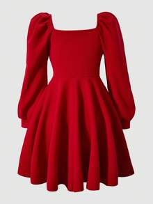 SHEIN Mädchen Lässiges elegantes Kleid mit V-Ausschnitt und Langarm, gerippte Manschetten, Schleife & Perlen Dekor an Oberteil & Saum, geeignet für Party, Reise, Lässig Tragen, kann mit Jacke oder Mantel kombiniert werden - Rot - Übersicht 7