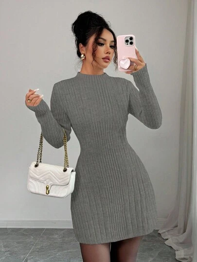 Elenzga Vestido ajustado de línea A de manga larga con cuello alto acanalado, que estiliza y ciñe la cintura para mujeres