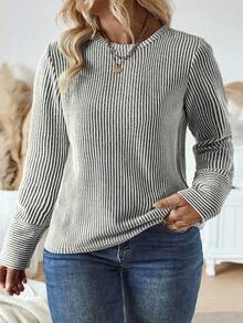 EMERY ROSE Plus Size Casual Long Sleeve Basic Striped Ribbed Crew Neck T-Shirt, Autumn/Winter Fall - Multicolor - View 3