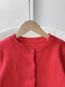 SHEIN 青少年女孩宽松休闲简约舒适圆领前开纯色毛衣秋冬女孩服装 - 紅色 - 查看 3