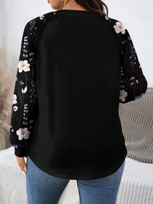 EMERY ROSE Floral Print Patchwork Plus Size Sweatshirt, Suitable For Autumn/Winter - Multicolor - View 2