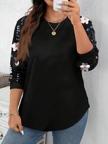 EMERY ROSE Floral Print Patchwork Plus Size Sweatshirt, Suitable For Autumn/Winter - Multicolor - View 3