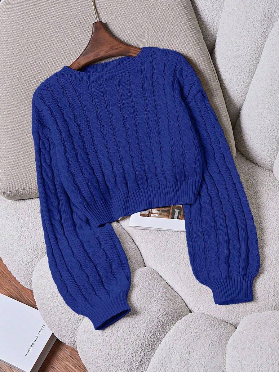 Franclia Casual Solid Color Lantern Sleeve Sweater, Autumn - Teal Blue - View 1