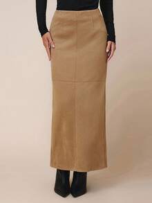 COSMINA 女士纯色半身裙，适合通勤 - 棕色 - 查看 4