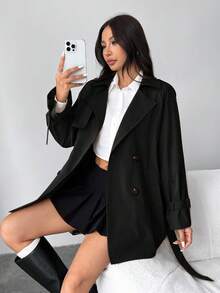 SHEIN EZwear 大码黑色长袖休闲风衣，配腰带和翻领，女士秋冬装 - 黑色 - 查看 5